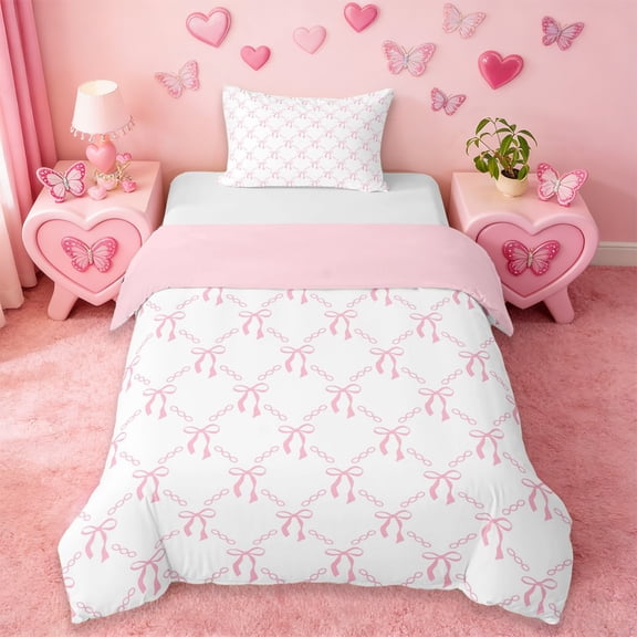 Erosebridal Girly Pink Bowknot Twin Bedding For Girls,Cute Bows Kawaii Stars Duvet Cover Set,Lightpink White 2pcs,No Comforter,Reversible