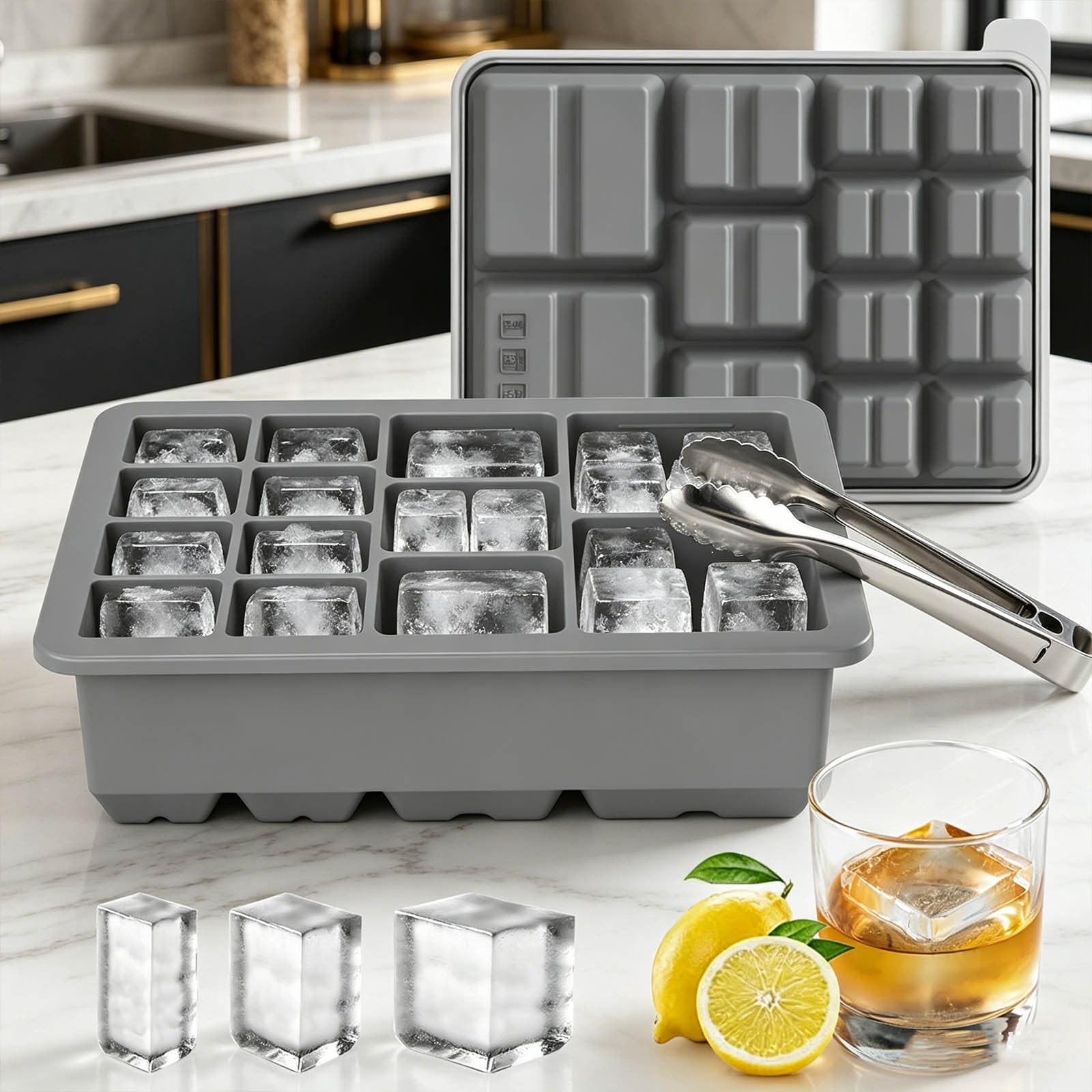 Fufafayo 13 Compartment Silicone Ice Maker Tray for Countertop, Multi Size Flexible Ice Maker, Easy Release Ice Molds, Coffee Cocktail Ice for Home Office Bar