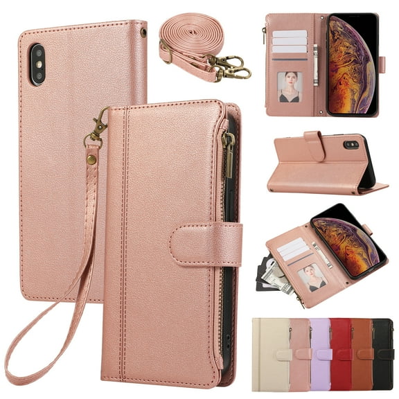 Compatible with iPhone XR Wallet Case and Wrist Strap Protector PU Leather Flip Credit Card Holder Purse Stand Cell Accessories Shockproof Phone Cover for Women Men,Rosegold