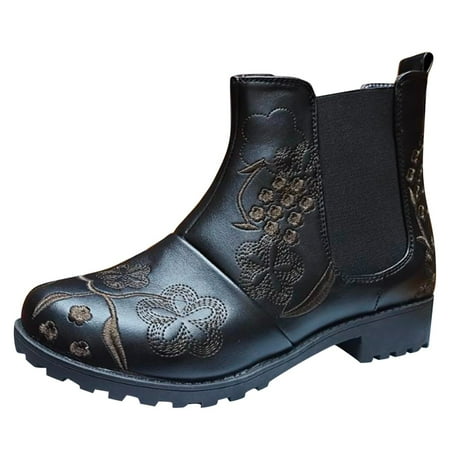 

TAIAOJING Women Boots Fashion Embroidery Flowers Square Heels Slip On Short Booties Round Toe Casual Shoes