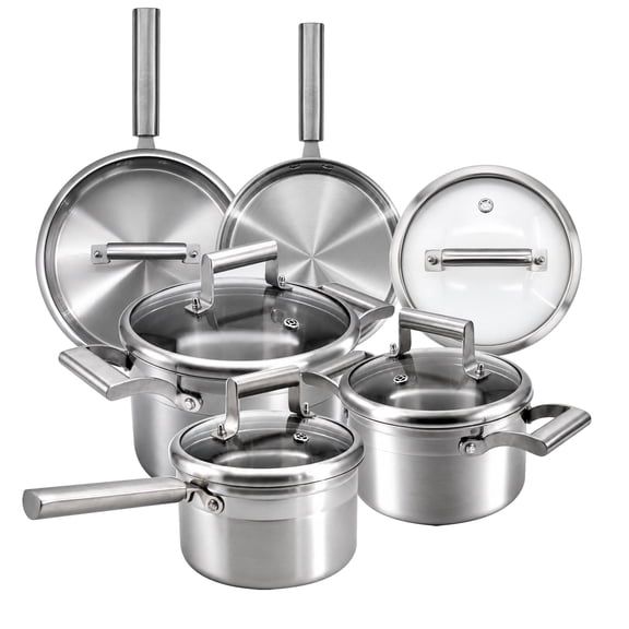 Graneat 10-Piece Stainless Steel Cookware Set with Glass Lids, Pots and Pans, Silver