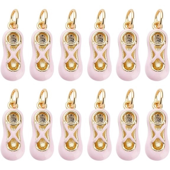 12Pcs 18K Gold Plated Ballet Dancer Shoe Charms Brass Pink Pendants with Enamel and Jump Rings 16x6.5x4mm Ballerina Dancer Toe Slippers Shoes Pendants for Necklaces Jewelry Making Gold