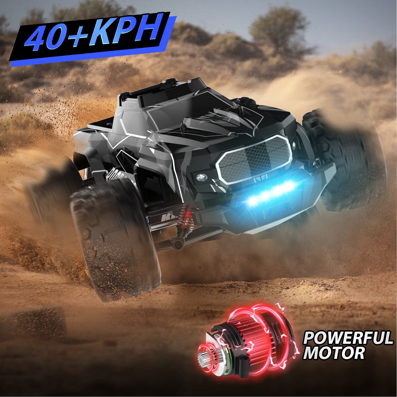 JoyStone 1:14 Fast RC Cars, Max 35+ mph Off-Road Hobby RC Trucks for Kids Adults, High-Speed Remote Control Car with Lights & Two 2S Lipo Batteries, Black