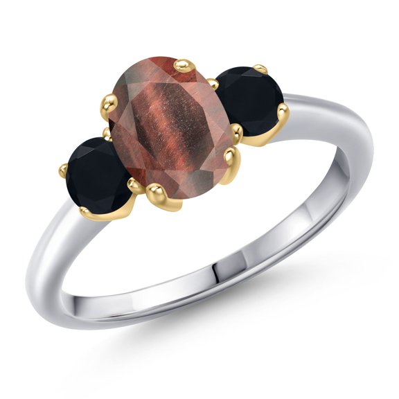 Gem Stone King 10K Two Tone Gold Red Tiger Eye and Black Onyx Engagement Ring for Women | 1.69 Cttw | Oval 8X6MM | Gemstone Birthstone | Size 7