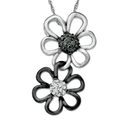 1/10 ct Black & White Diamond Flower Pendant Necklace in 14kt White & Oxidized Gold