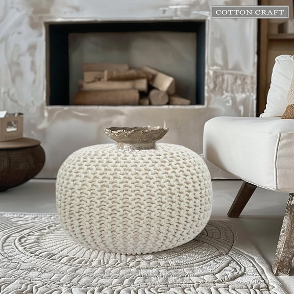 Round Dori Pouf - Cotton Braid Cord Knitted Ottoman Foot Stool for Living Room Dorm Decor Ivory