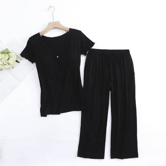 Fengqque Comfortable Fit Postpartum Maternity Maternity Nursing Set Solid White Striped Pregnant V-neck Short Sleeved 7/4 Pants Set Suit Set