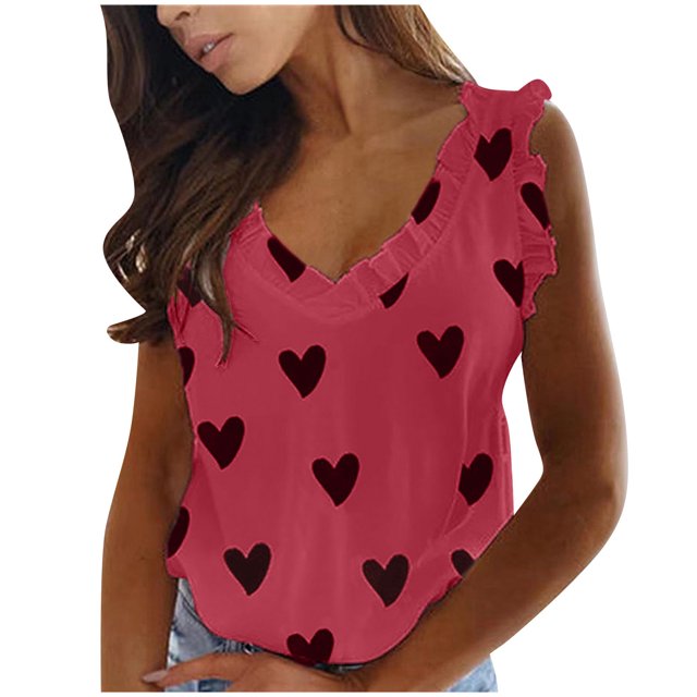 Pompotops Mode Femmes Casual Amour Impression Sans Manches Plissée Gilet Tops