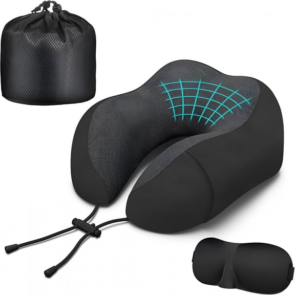 XIBUFE Neck Travel Pillow,Upgraded Memory Foam Pillow for Airplane,Machine Washable,Adjustable Flight Pillow,Suitable for Sleeping Airplane,Car,Office and Home (Black)