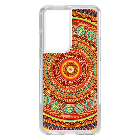 DistinctInk Clear Shockproof Hybrid Case for Galaxy S21 ULTRA 5G (6.8" Screen) - TPU Bumper, Acrylic Back, Tempered Glass Screen Protector - Orange Teal Yellow Tribal Print