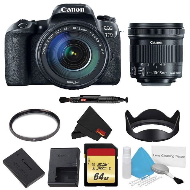 Canon EOS 77D DSLR Camera with 18-135mm Lens Bundle w/ Memory Kit + Bonus 10-18mm Lens (Intl Model)