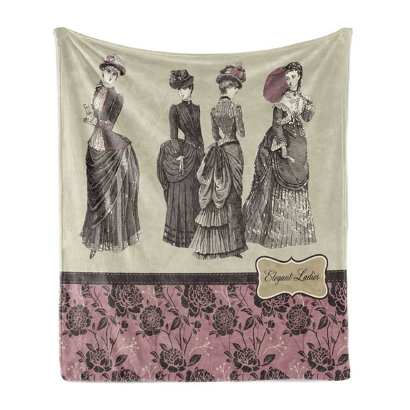 Victorian Soft Flannel Fleece Throw Blanket, Ladies Clothes Fashion History Dress Handbag Feather Gloves Floral Design Print, Cozy Plush for Indoor and Outdoor Use, 70" x 90", Grey Rose, by Ambesonne