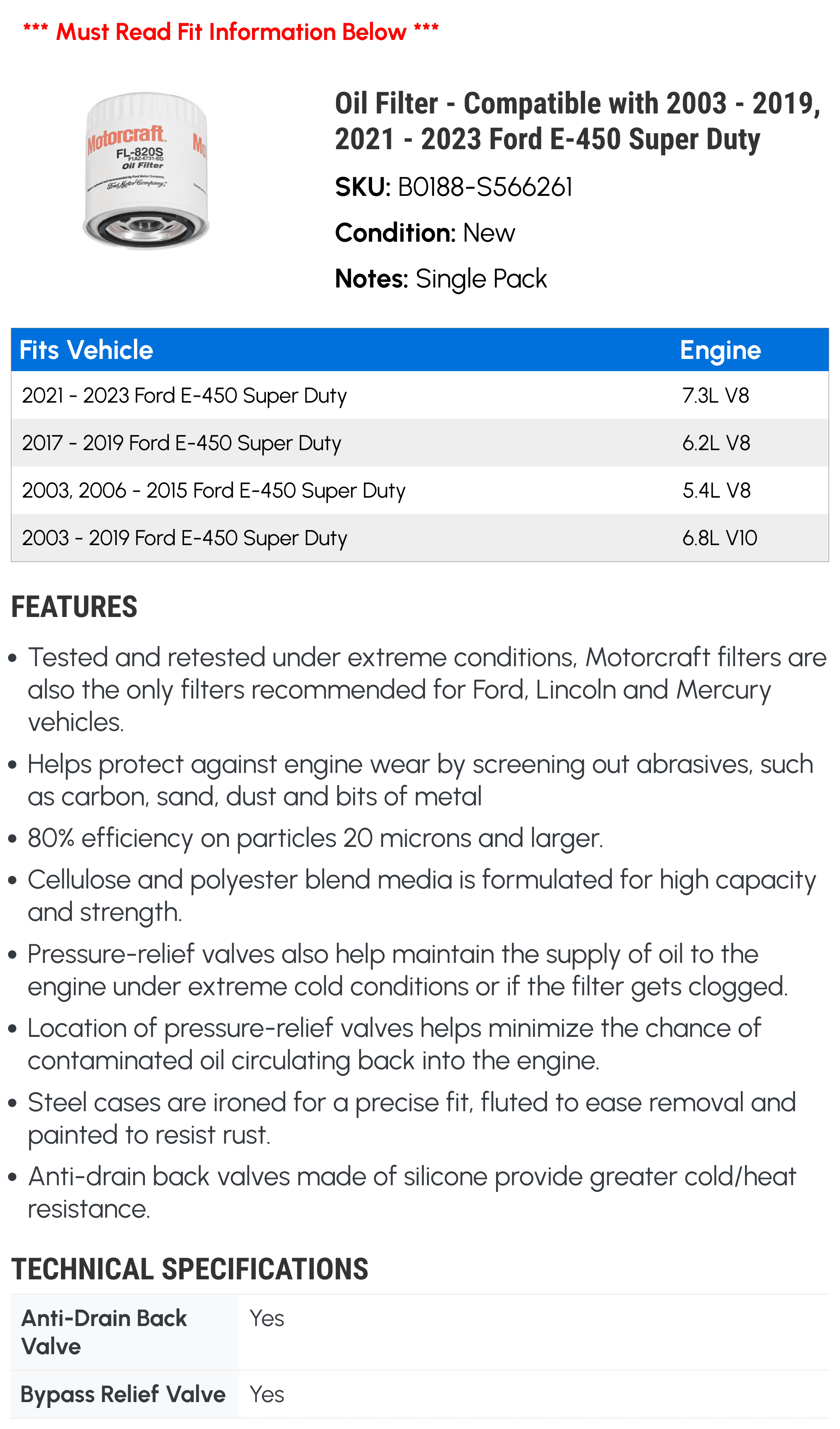 Oil Filter - Compatible with 2003 - 2019, 2021 - 2023 Ford E-450 Super Duty 2004 2005 2006 2007 2008 2009 2010 2011 2012 2013 2014 2015 2016 2017 2018 2022