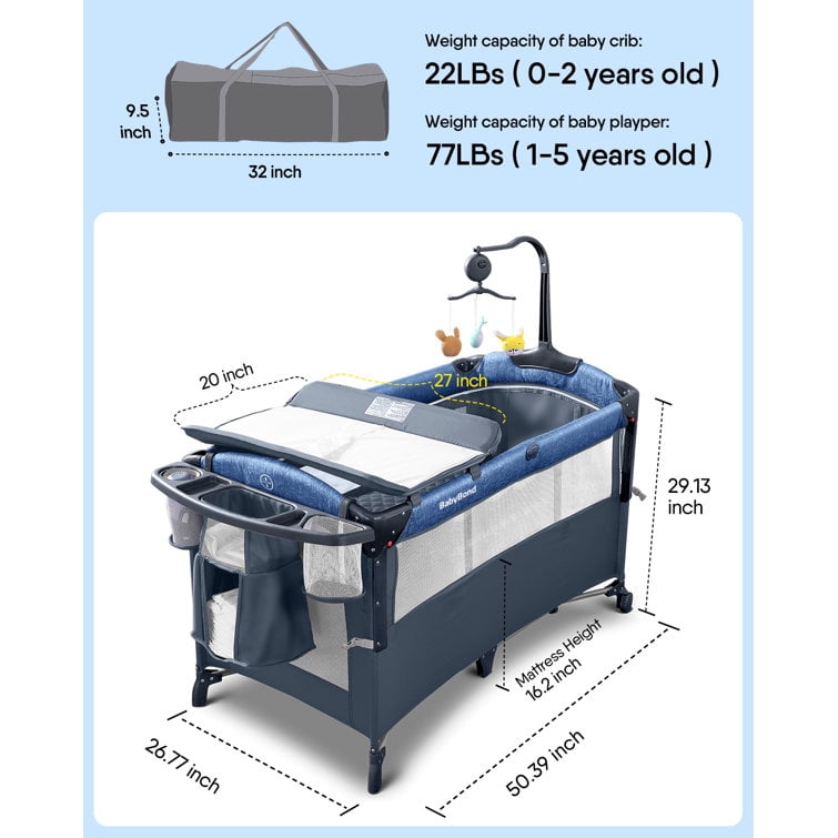 3-in-1 Bedside Bassinet, Play Yard & Diaper Changer, with Mattress, Mosquito Net, Diaper Storage Box and Toy Bar, suitable for0-2 Years Old Newborns to Toddlers
