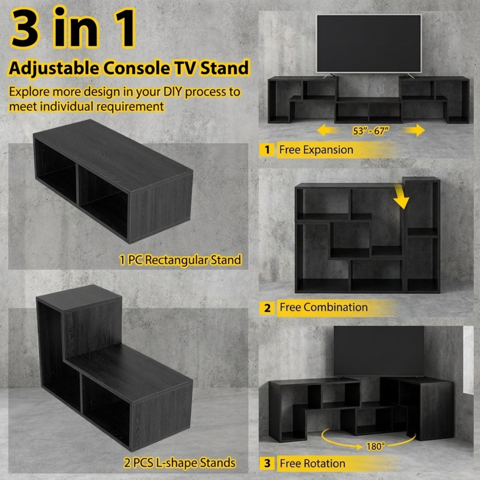 Furnibear 3-Piece Adjustable TV Stand for 65 Inch TV, Modular Entertainment Center with Shelves, Black