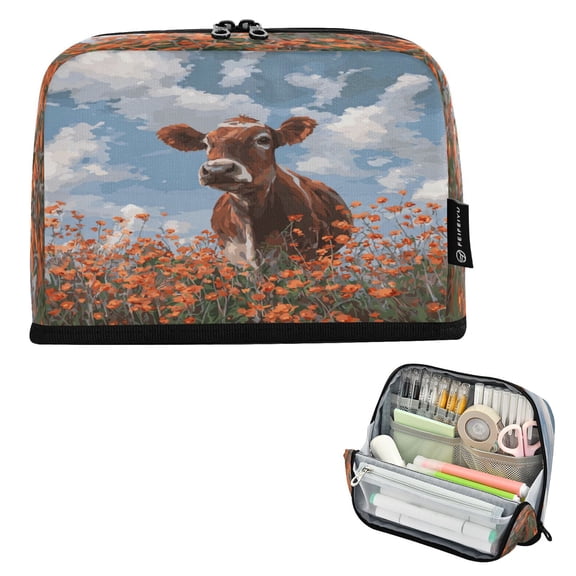 Standing Pencil Case with Base Large Capacity Stationery Pouch Pen Bag with Zipper for Women Men Brown Cow
