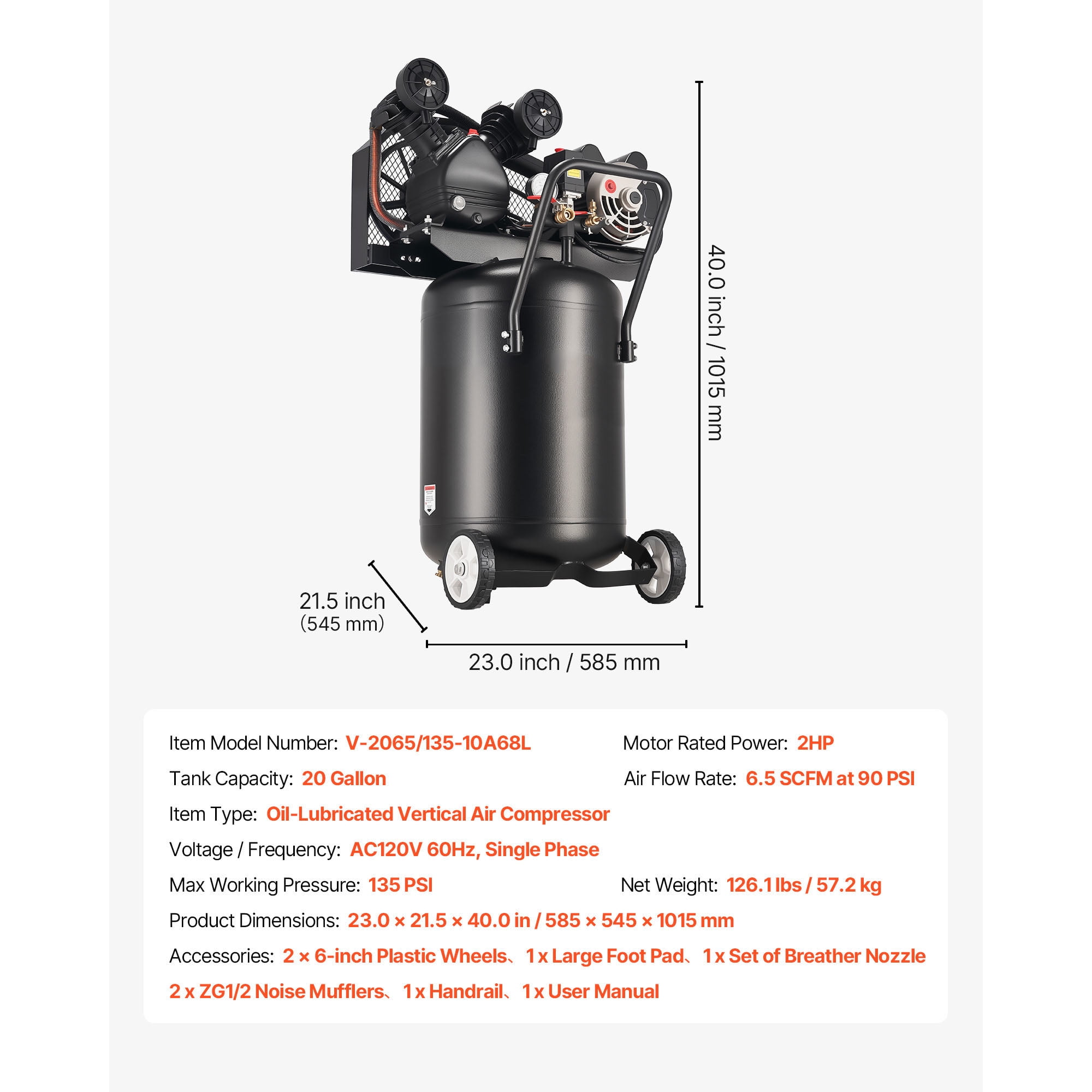 KFFKFF 20-Gallon Air Compressor, 2HP, 6.5SCFM at 90PSI, Max 135PSI Oil-Lubricated Tank, Portable Design with Wheels for Auto Repair, Tire Inflation, Painting, and Woodworking, 120V