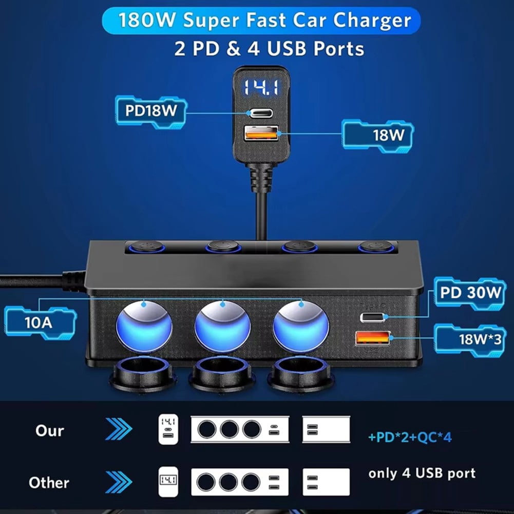 180W 9 In 1 Car Charger 3Ports Power Splitter 12V Fast Charger Power Adapter