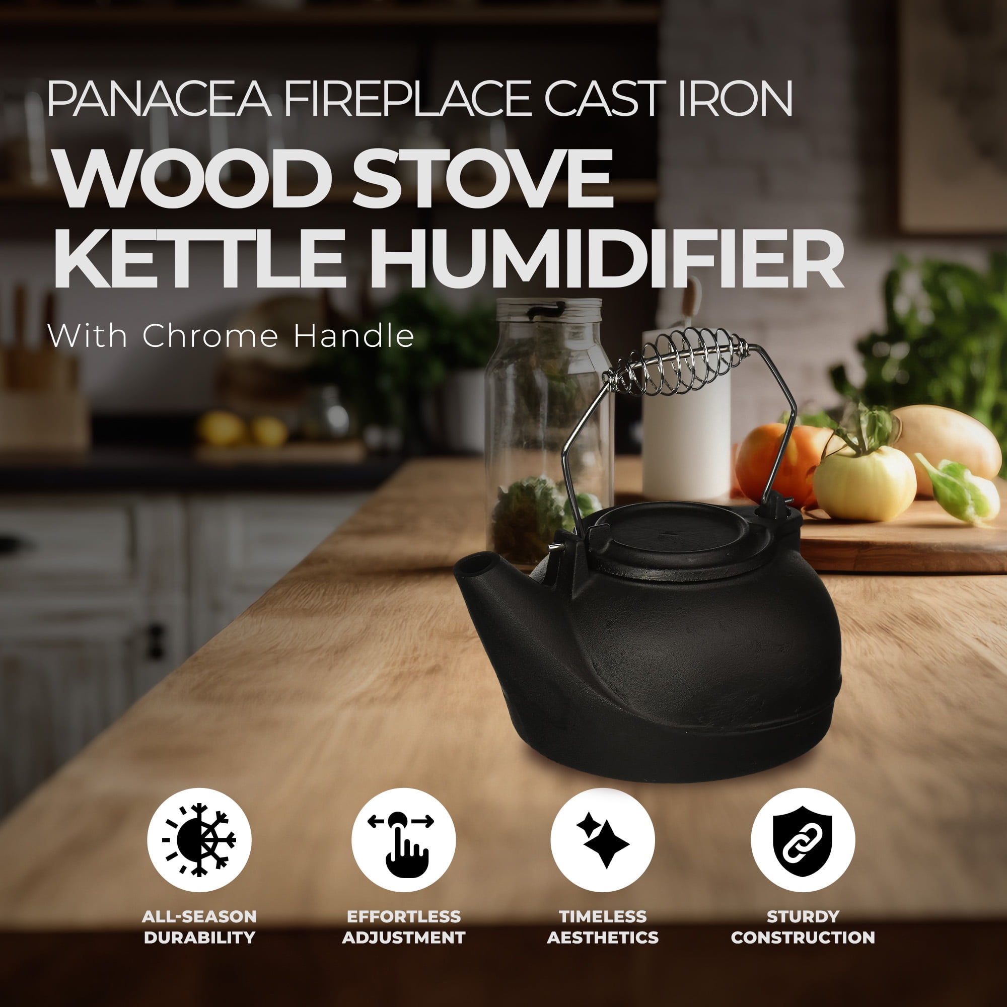 Panacea Fireplace Cast Iron Wood Stove Kettle Humidifier with Chrome Handle