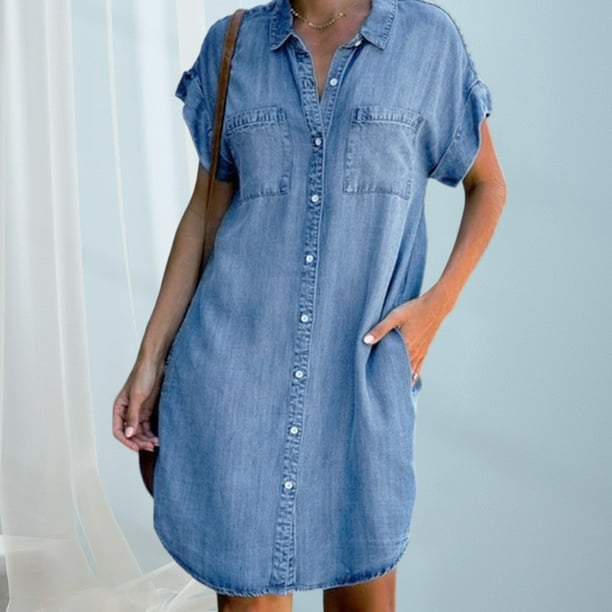 Vestido Vestido con botones para mujer Vestido de mezclilla desgastado de color sólido Vestido de desplazamiento diario Cgtredaw Azul claro T 3EG para Mujer