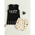 thumbnail image 2 of Bagilaanoe 2pcs Toddler Baby Girls Short Pants Set Letter Print Sleeveless Tasseled Vest Tops + Shorts 6M 12M 18M 24M 3T Kids Casual Summer Outfits, 2 of 9