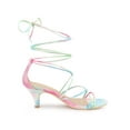 thumbnail image 3 of BLISSFUL STEP Women's Shoes Tie-Dye Strappy Lace-Up Open Toe Kitten Heels Sandals  Green Pink 7, 3 of 7
