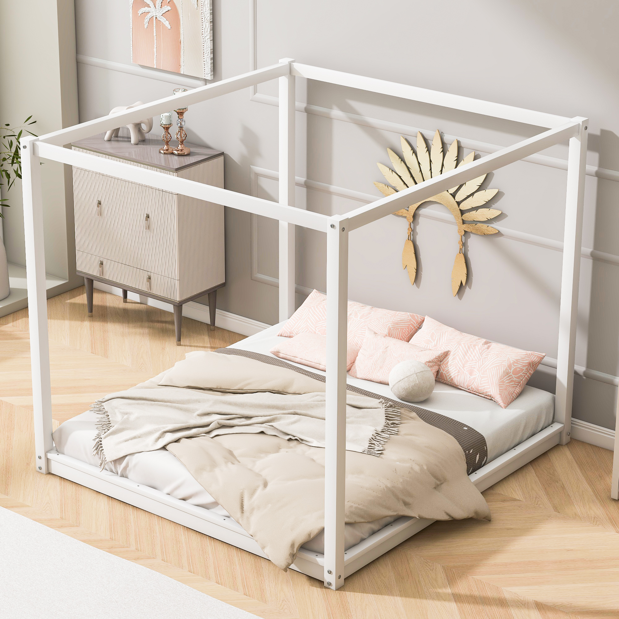 Euroco Wood King Size Canopy Bed, White