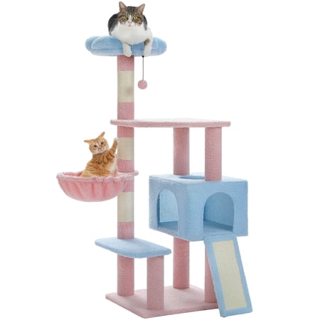 Zephypaws 47.2" Flower Cat Tree with Sisal Scratching Posts,Condo Top Perch,Ramp,Fluffy Ball,Pink+Blue