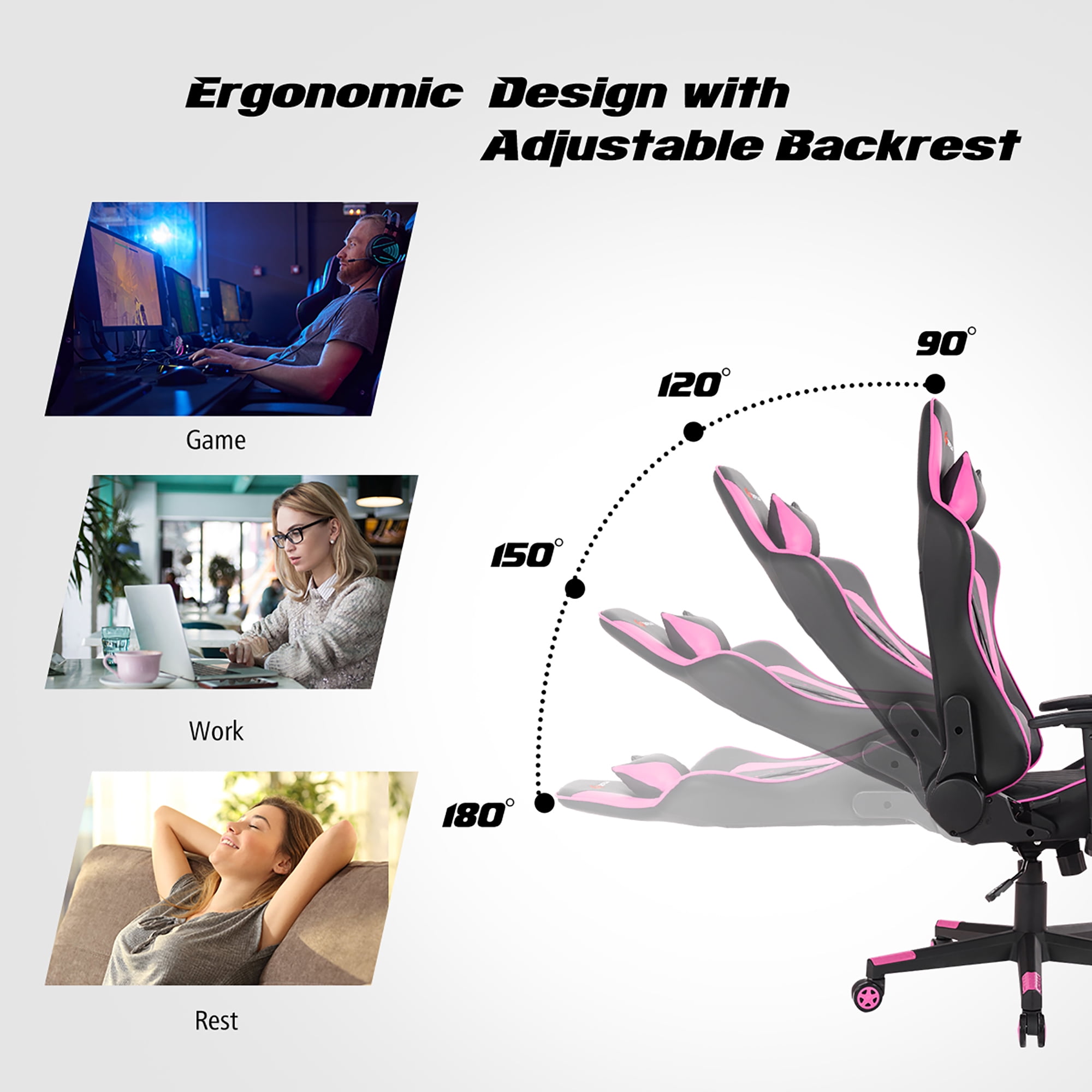 Goplus Massage LED Gaming Chair Reclining Racing Chair with Lumbar Support  and Footrest in Pink HW62042PI - The Home Depot