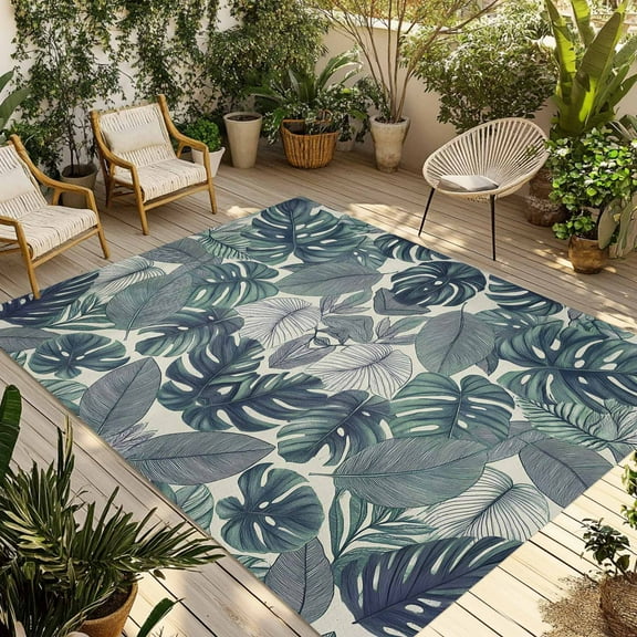 Fsddascl Green Leaves Outdoor Rug for Patio/Deck/Porch, Non-Slip Large Area Rug 5 x 8 Ft, Summer Botanical Tropical Palm Plant Indoor Outdoor Rugs Washable Area Rugs, Reversible Camping Rug Carpet