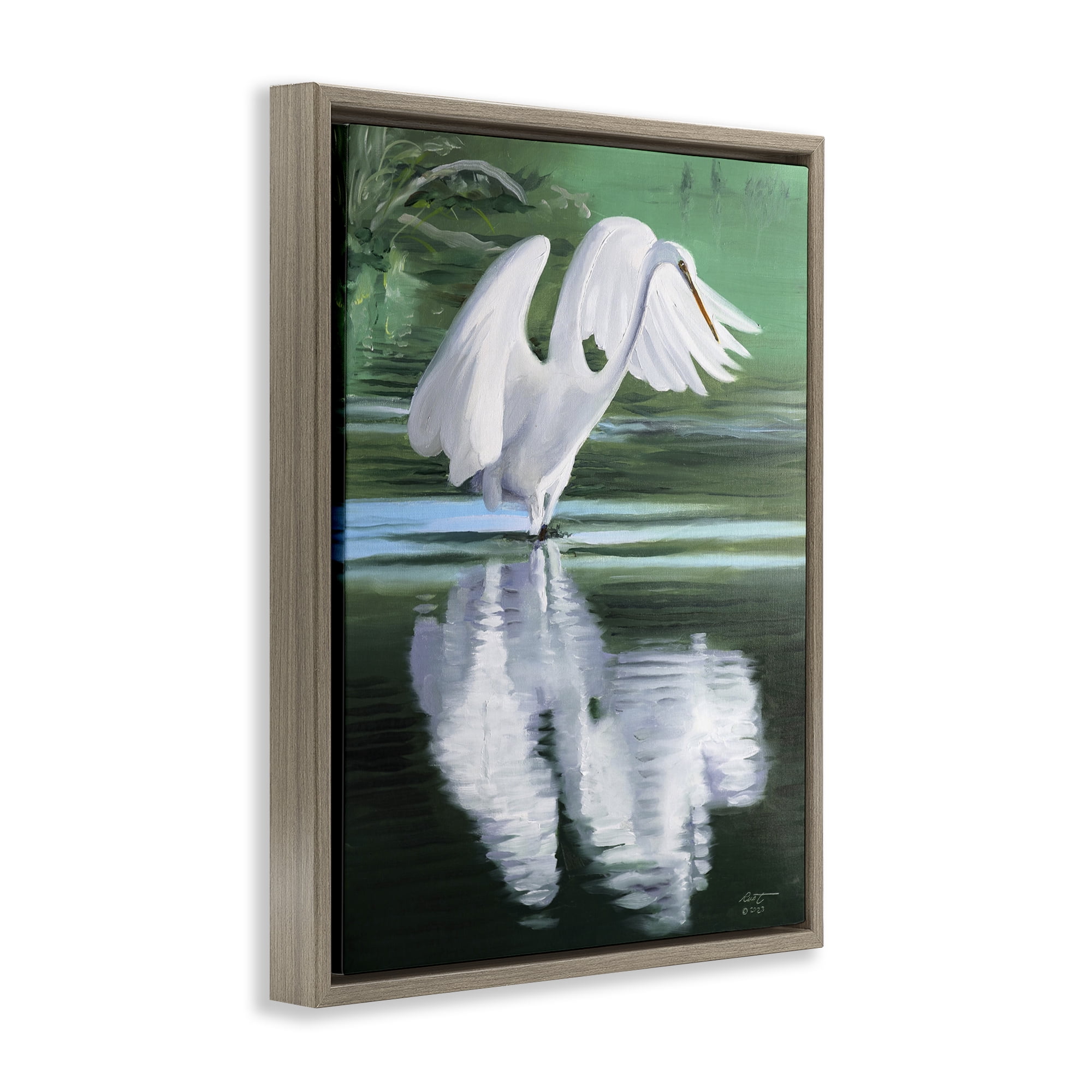 Stupell Industries Egret Flapping Wings Animals & Insects Painting Brown Floater Framed Canvas Art Print Wall Art, 25 x 31