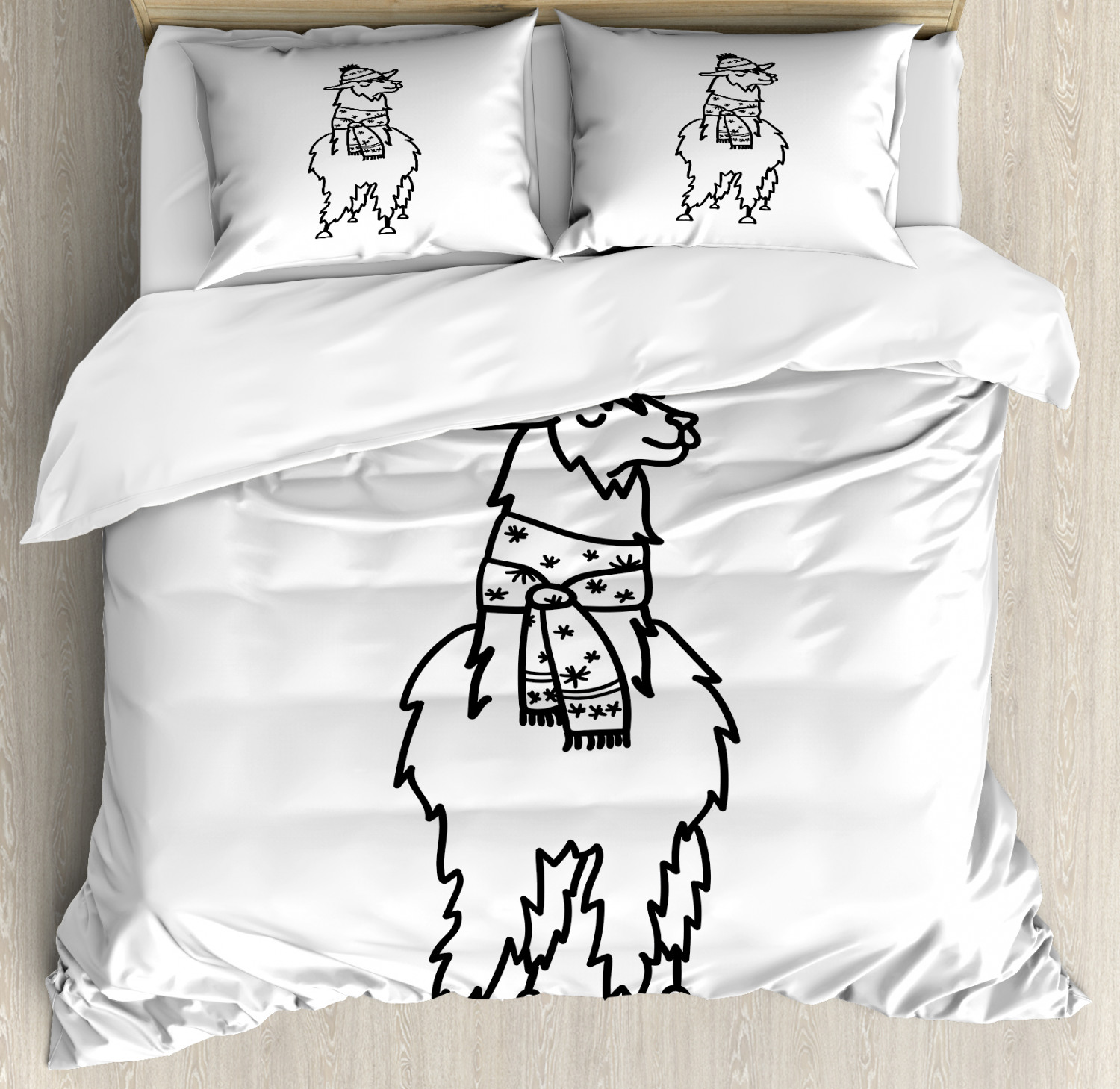 Llama Queen Size Duvet Cover Set, South American Domestic Alpaca Animal with Winter Attire Monochrome Illustration, Decorative 3 Piece Bedding Set with 2 Pillow Shams, Black White, by Ambesonne - image 1 of 3
