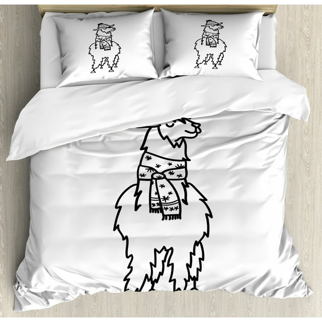 Llama Queen Size Duvet Cover Set, South American Domestic Alpaca Animal with Winter Attire Monochrome Illustration, Decorative 3 Piece Bedding Set with 2 Pillow Shams, Black White, by Ambesonne