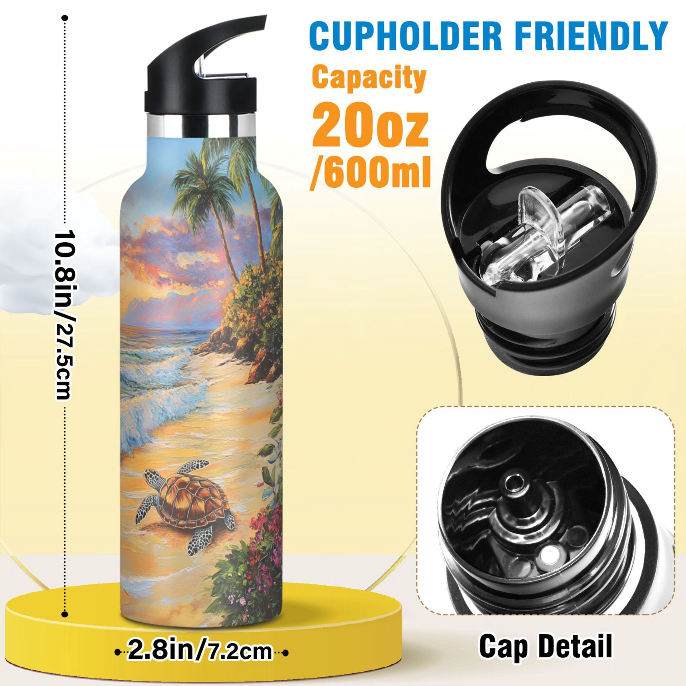 600ML Stainless Steel Insulated Cup Sports Water Bottle Portable Thermos Cup Water Glasses Insulated Tumblers Convenient and Durable Sunset Turtle