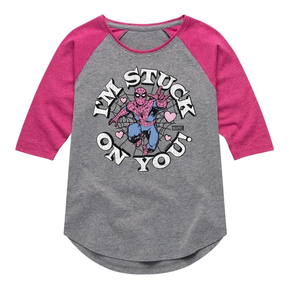 Marvel Spider-Man - Valentine I'm Stuck On You - Girls Shirt Tail Raglan