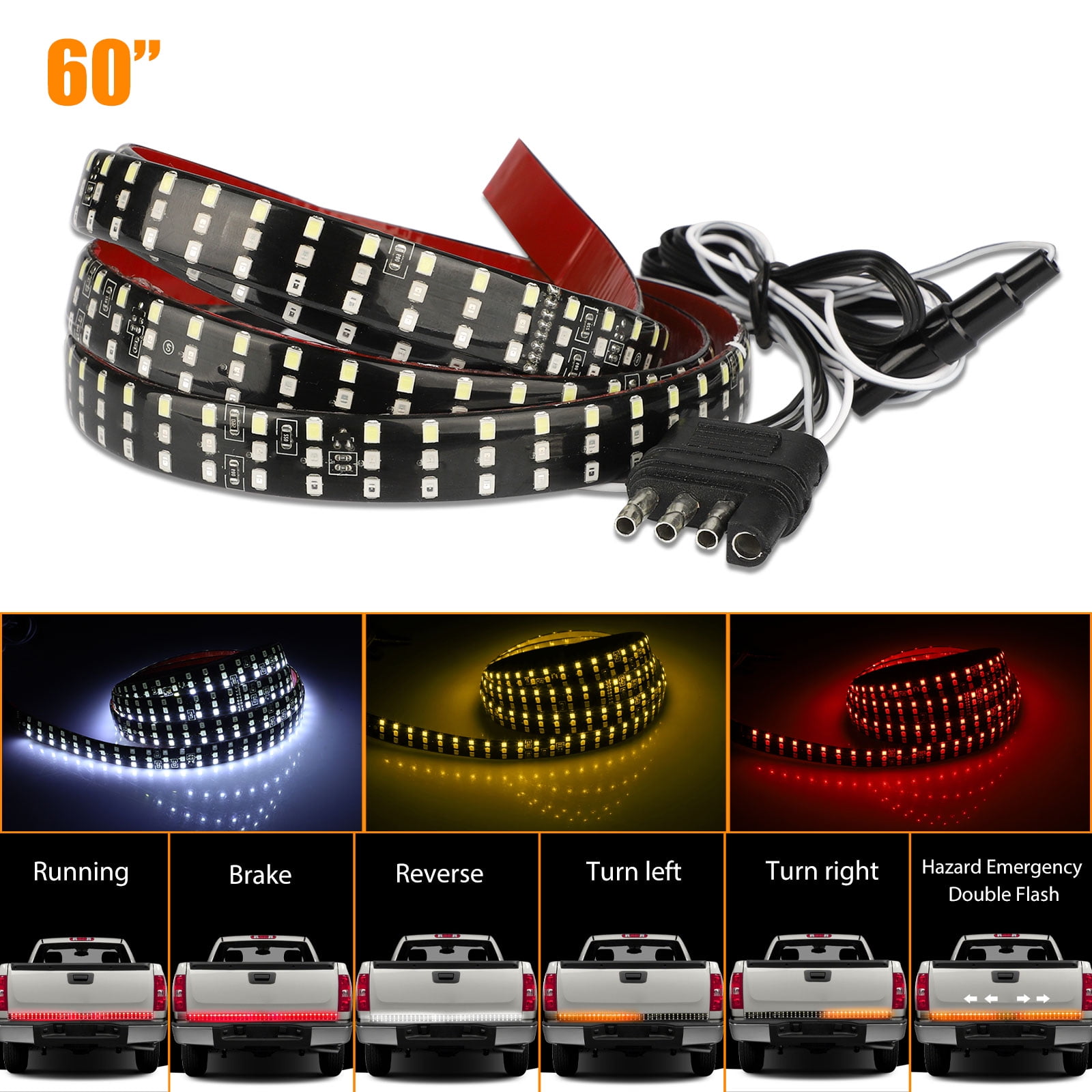 Red Brake/Running 60inch Yellow Turn Signals White Reverse Lights for Pickup Truck SUV RV OPL5 60 Triple LED Tailgate Light Strip Waterproof Plug-and-Play No Drill Install Amber Turn Signal