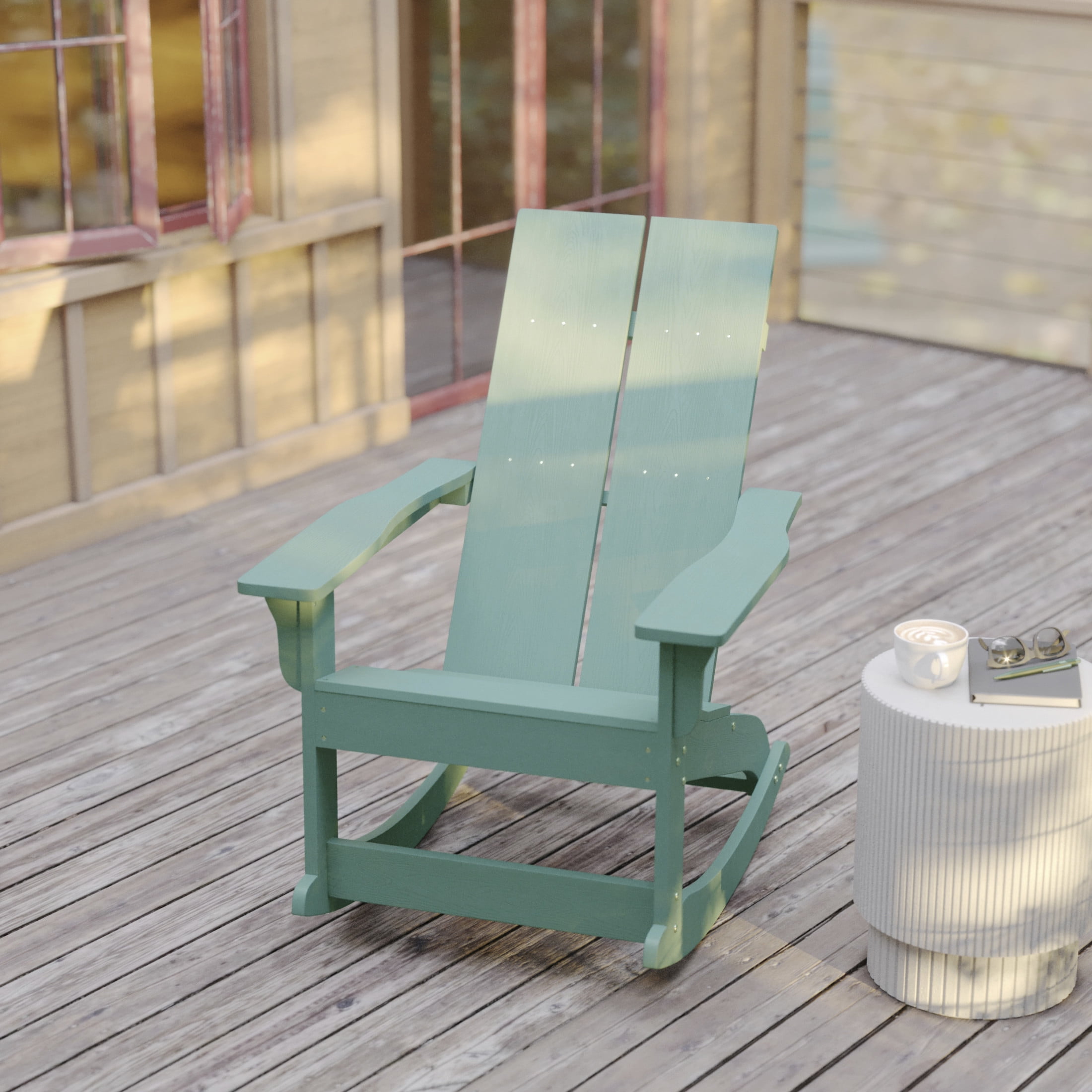 BizChair Modern Commercial Grade Poly Resin Wood Adirondack Rocking Chair - All Weather Sea Foam Polystyrene - Dual Slat Back - Stainless Steel Hardware