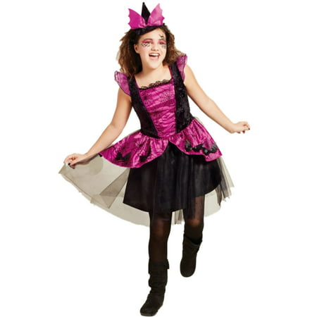 Girls Pink Bat Witch Black Glitter Tulle Halloween Dress Costume