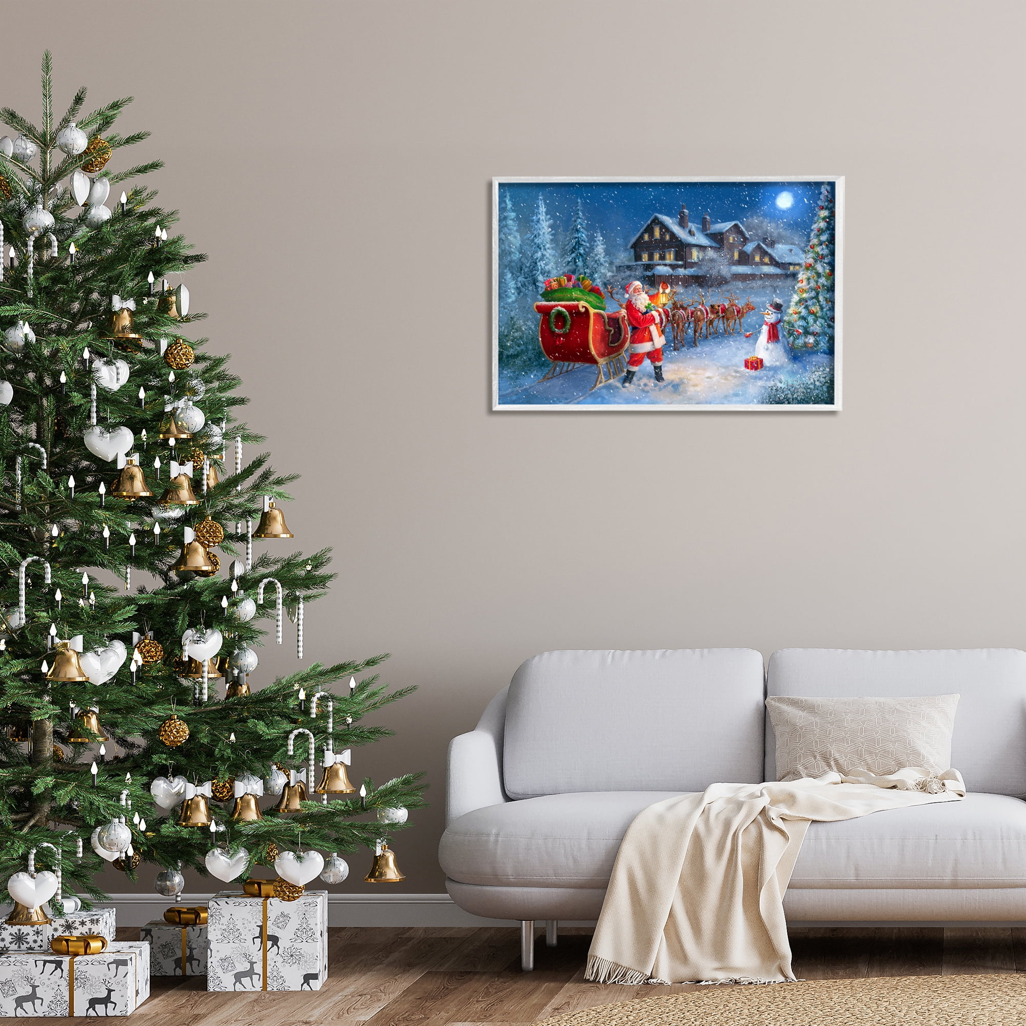 Stupell Industries Santa's Sleigh & Lantern Holiday Painting White Framed Art Prints Wall Art, 30 x 20