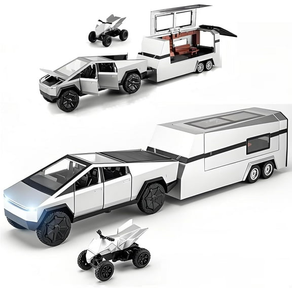 Toy Trucks with RV Motorcycle  Alloy Die-cast Model Car Pickup Truck 1/32 Toy Race Cars with Sound and Light Ideal Gift for Kids Friends Age for 6 Years and Up