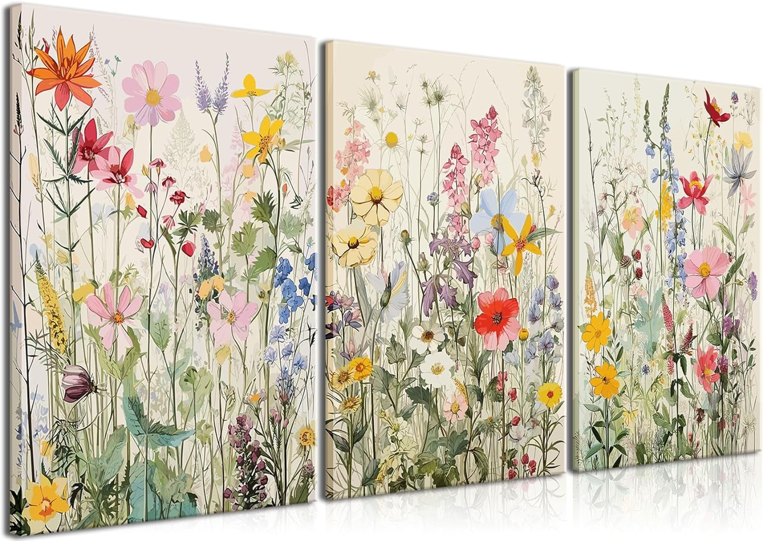 Colorful Wildflower Canvas Wall Art Print Framed Set of 3 Botanical Pictures Floral Plant Printing Minimalist Modern Wall Decor for Girls Gift Living Room Bedroom Bathroom 12"x16"