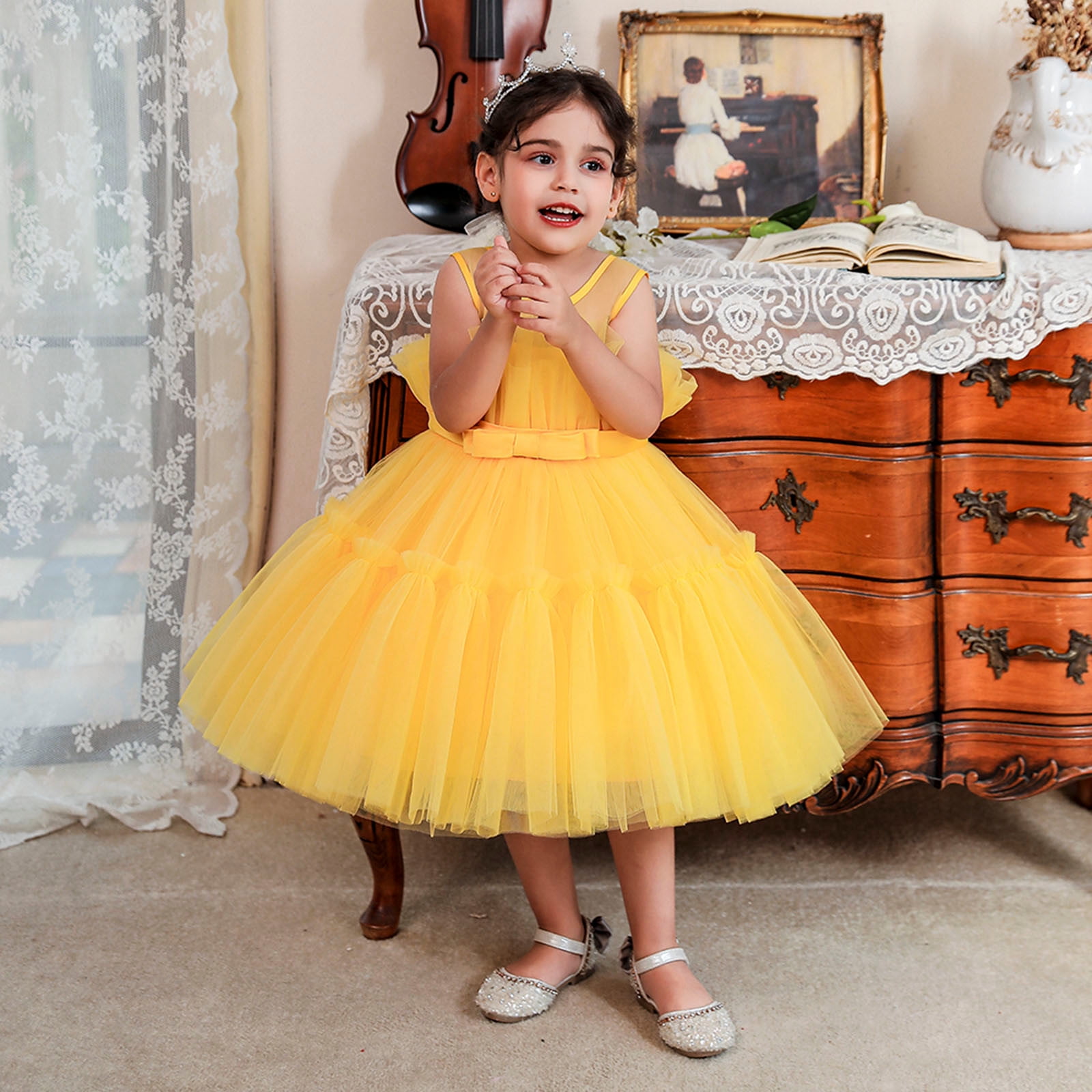 Kids Dress: Girls Yellow Gown With Multi Colours Flowers | Perfect Panache