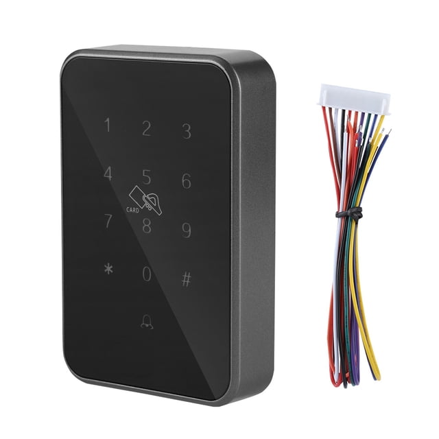 aplicación de desbloqueo de teléfonos móviles control de acceso de puertas máquina de asistencia de teléfonos inteligentes para empresas para oficinas cerradura electrónica rectangular con panel táctil negro frontal y teclas numéricas visibles, carcasa de aleación de zinc gris en vista frontal 3/4; incluye cableado multicolor para conexión, tamaño aprox. 11.5x7.5x2.2 cm; modos: teléfono móvil, contraseña y tarjeta TF; cifrado de datos y asistencia de presencia en tiempo real; también adecuada para control de acceso en salas de equipo.