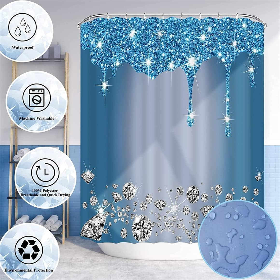 4PCS Bling Diamond Shower Curtain Set with Non-Slip Rugs Toilet Lid Cover and Bath Mat Shower Curtain with 12 Hooks Bathroom Sets with Shower Curtain and Rugs and Accessories
