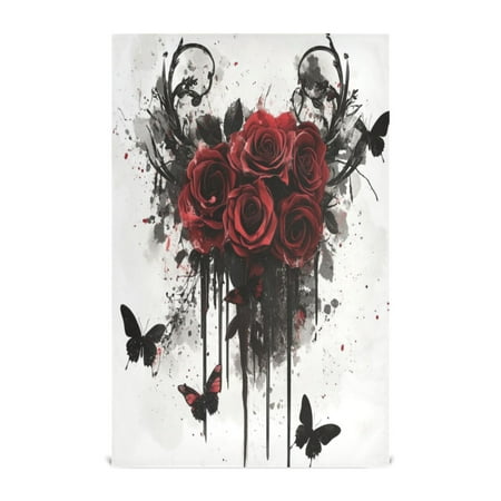 

Multi-Purpose Kitchen Towels 28x18 Inch Dishcloths with Hanging Loop Decorative and Practical Towels for Kitchen Dining Black Butterflies and Red Roses