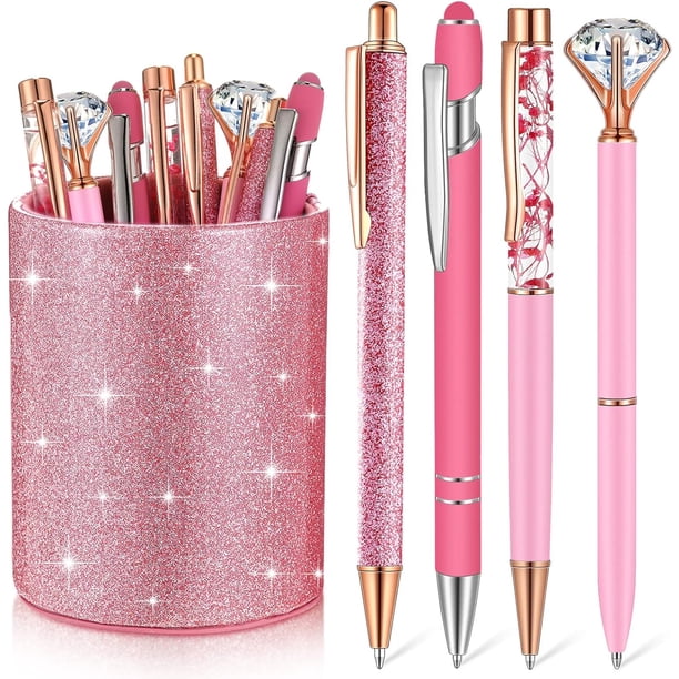 Sabary 8 bolígrafos con soporte para bolígrafo para escritorio, metal, cristal, diamante, portalápices con purpurina, bolígrafos elegantes, tinta negra, organizador de escritorio para mujeres, niñas,