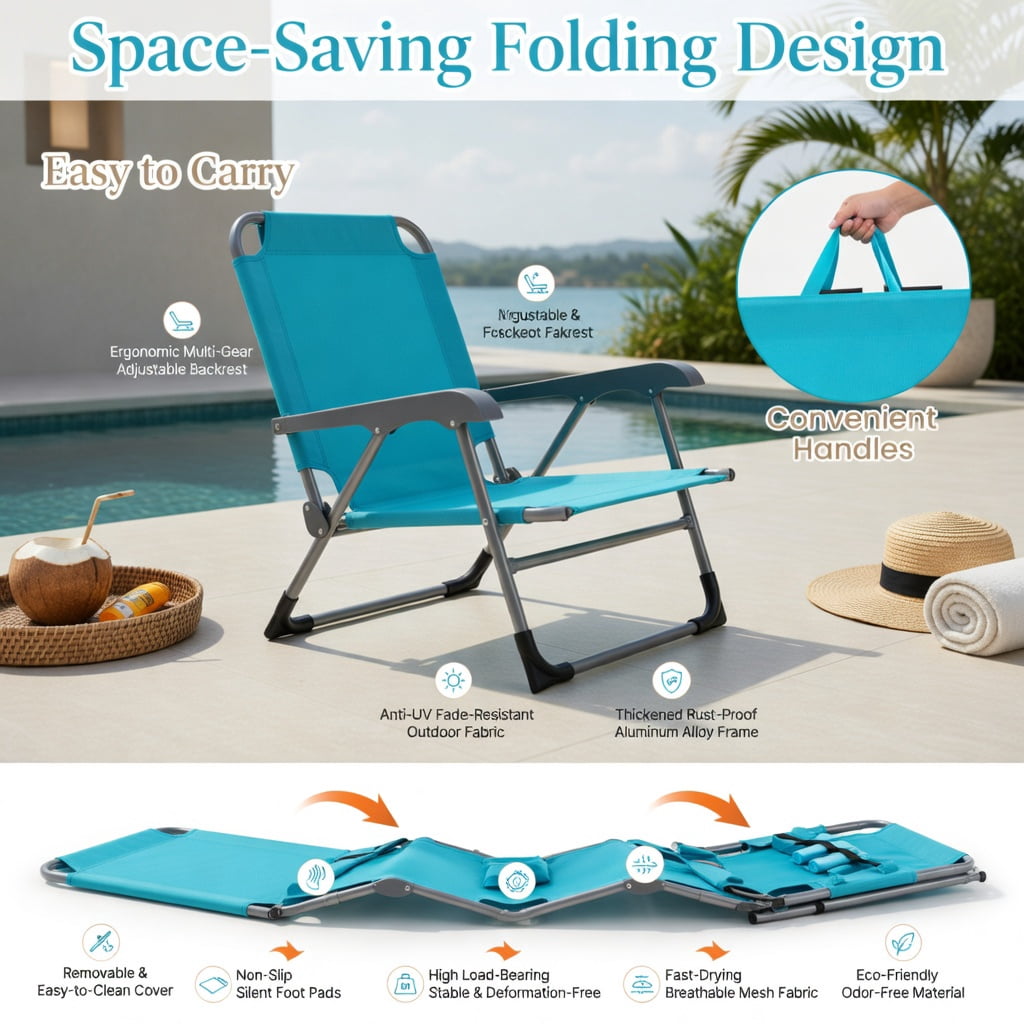 Hommoo Turquoise Folding Beach Lounge Chair with Adjustable Backrest, Carry Strap & Removable Pillow, Heavy-Duty Aluminum Frame, Perfect for Beach, Pool, Patio & Outdoor Relaxation