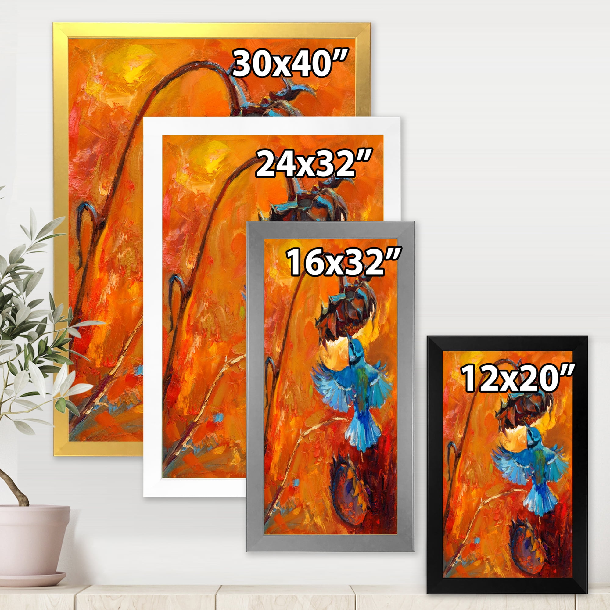 Designart 'Blue Hummingbird On Orange Sunflower' Traditional Framed Art Print