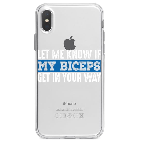 DistinctInk Clear Shockproof Hybrid Case for iPhone X / XS (5.8" Screen) - TPU Bumper Acrylic Back Tempered Glass Screen Protector - Let Me Know if My Biceps Get in Your Way