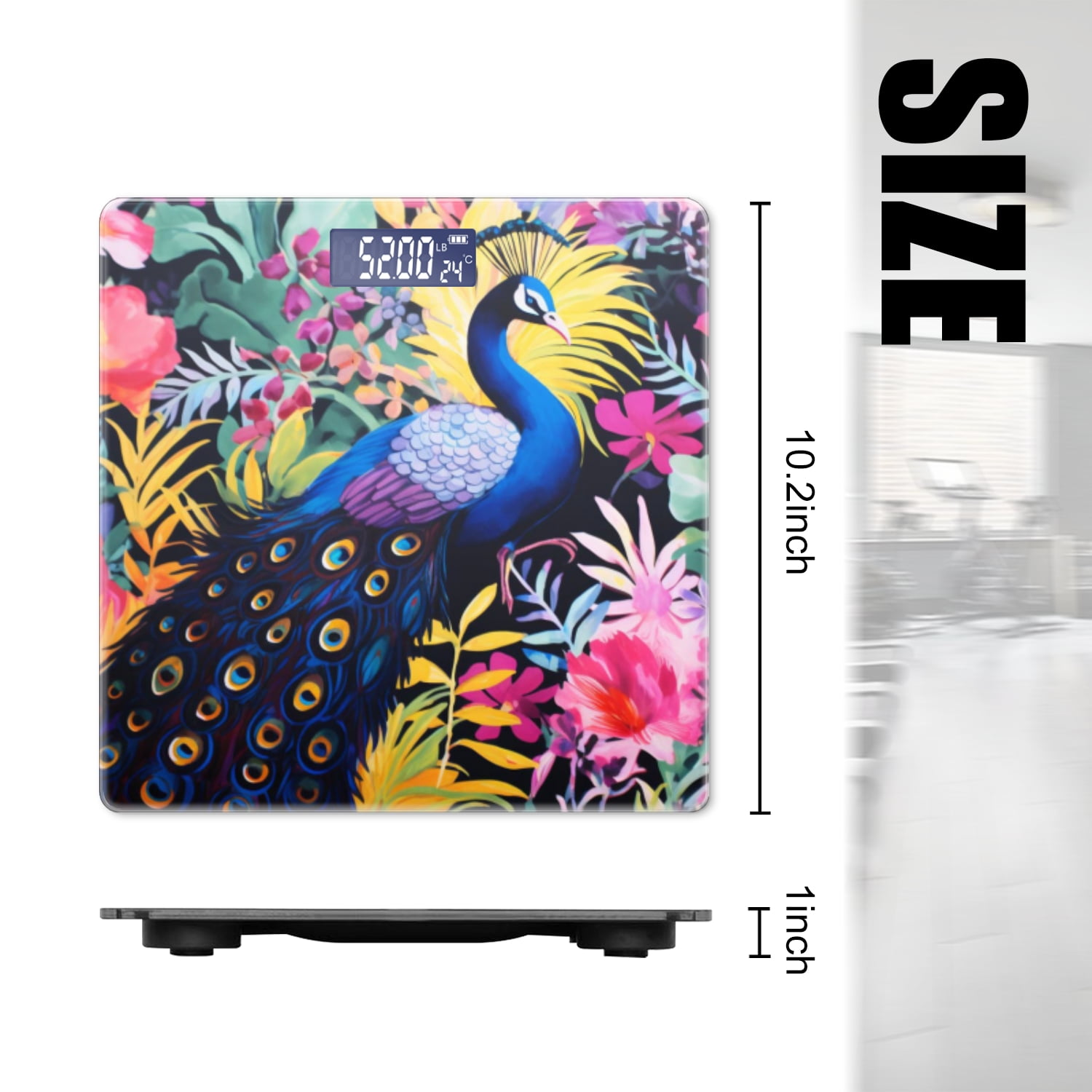 Bathroom Scale, Highly Accurate Digital Body Scale,Precisely Measures Weight up to 400 lbs-Elegant Peacock Surrounded By Lush Flowers